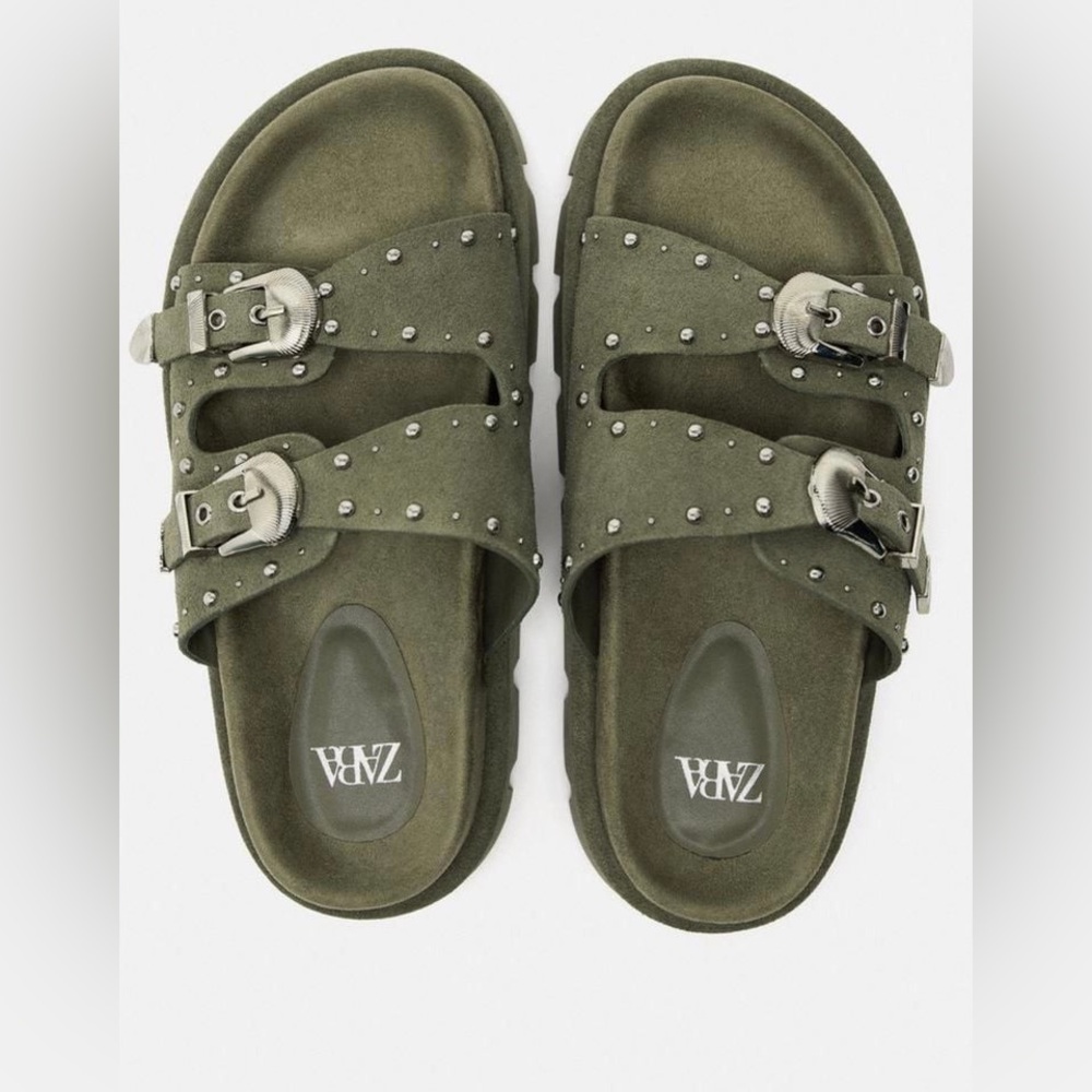 Zara Olive Green Studded Sandals